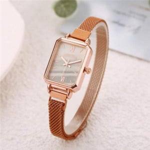 Square Index Rose Gold High Fashion Design Stainless Steel Women Wholesale Wrist Watch - White