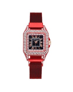Rhinestone Embellished Square Index U.S. Fashion Women Magnetic Wrist Wholesale Watch - Red