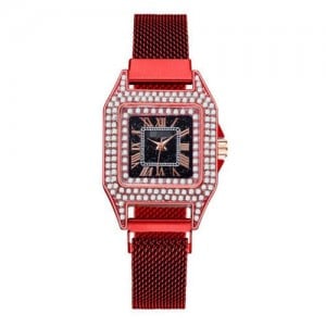 Rhinestone Embellished Square Index U.S. Fashion Women Magnetic Wrist Wholesale Watch - Red