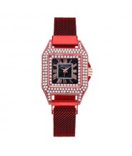 Rhinestone Embellished Square Index U.S. Fashion Women Magnetic Wrist Wholesale Watch - Red