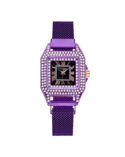 Rhinestone Embellished Square Index U.S. Fashion Women Magnetic Wrist Wholesale Watch - Purple