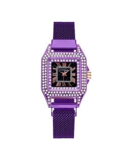 Rhinestone Embellished Square Index U.S. Fashion Women Magnetic Wrist Wholesale Watch - Purple