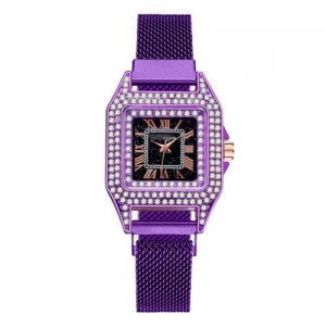 Rhinestone Embellished Square Index U.S. Fashion Women Magnetic Wrist Wholesale Watch - Purple