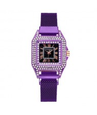 Rhinestone Embellished Square Index U.S. Fashion Women Magnetic Wrist Wholesale Watch - Purple