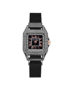 Rhinestone Embellished Square Index U.S. Fashion Women Magnetic Wrist Wholesale Watch - Black