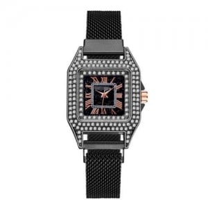 Rhinestone Embellished Square Index U.S. Fashion Women Magnetic Wrist Wholesale Watch - Black