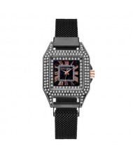 Rhinestone Embellished Square Index U.S. Fashion Women Magnetic Wrist Wholesale Watch - Black