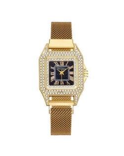 Rhinestone Embellished Square Index U.S. Fashion Women Magnetic Wrist Wholesale Watch - Golden