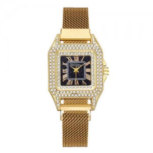 Rhinestone Embellished Square Index U.S. Fashion Women Magnetic Wrist Wholesale Watch - Golden