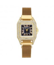 Rhinestone Embellished Square Index U.S. Fashion Women Magnetic Wrist Wholesale Watch - Golden