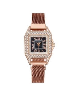 Rhinestone Embellished Square Index U.S. Fashion Women Magnetic Wrist Wholesale Watch - Rose Gold