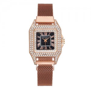 Rhinestone Embellished Square Index U.S. Fashion Women Magnetic Wrist Wholesale Watch - Rose Gold