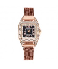 Rhinestone Embellished Square Index U.S. Fashion Women Magnetic Wrist Wholesale Watch - Rose Gold