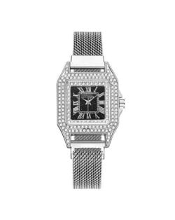 Rhinestone Embellished Square Index U.S. Fashion Women Magnetic Wrist Wholesale Watch - Silver