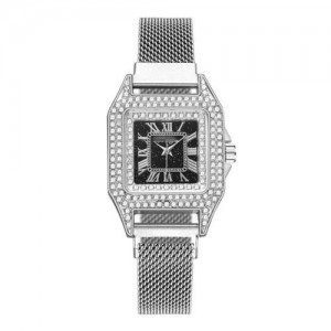 Rhinestone Embellished Square Index U.S. Fashion Women Magnetic Wrist Wholesale Watch - Silver