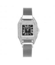 Rhinestone Embellished Square Index U.S. Fashion Women Magnetic Wrist Wholesale Watch - Silver