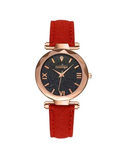 Classic Starry Night Index Slim Style Women Leather Wrist Watch - Red