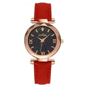 Classic Starry Night Index Slim Style Women Leather Wrist Watch - Red
