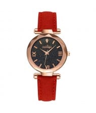 Classic Starry Night Index Slim Style Women Leather Wrist Watch - Red