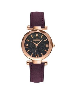 Classic Starry Night Index Slim Style Women Leather Wrist Watch - Purple