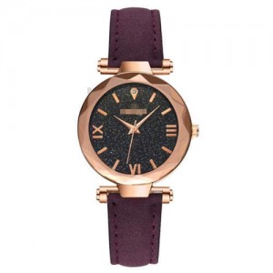 Classic Starry Night Index Slim Style Women Leather Wrist Watch - Purple