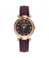 Classic Starry Night Index Slim Style Women Leather Wrist Watch - Purple