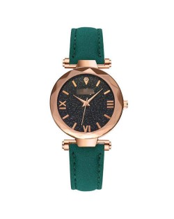 Classic Starry Night Index Slim Style Women Leather Wrist Watch - Green