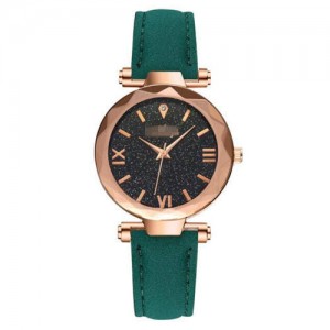 Classic Starry Night Index Slim Style Women Leather Wrist Watch - Green