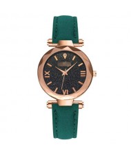 Classic Starry Night Index Slim Style Women Leather Wrist Watch - Green