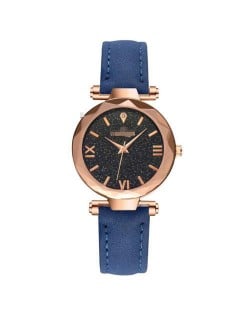 Classic Starry Night Index Slim Style Women Leather Wrist Watch - Blue