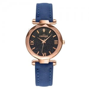 Classic Starry Night Index Slim Style Women Leather Wrist Watch - Blue