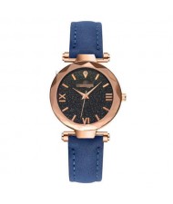 Classic Starry Night Index Slim Style Women Leather Wrist Watch - Blue