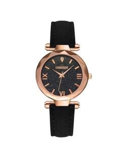 Classic Starry Night Index Slim Style Women Leather Wrist Watch - Black