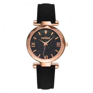 Classic Starry Night Index Slim Style Women Leather Wrist Watch - Black