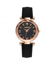 Classic Starry Night Index Slim Style Women Leather Wrist Watch - Black