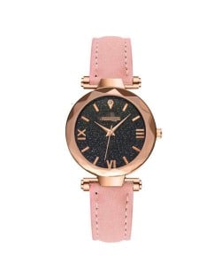 Classic Starry Night Index Slim Style Women Leather Wrist Watch - Pink