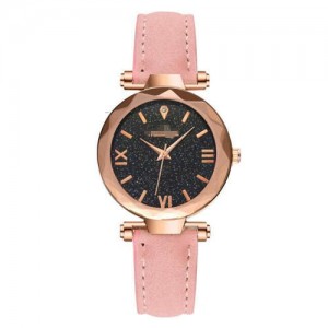 Classic Starry Night Index Slim Style Women Leather Wrist Watch - Pink