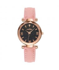 Classic Starry Night Index Slim Style Women Leather Wrist Watch - Pink