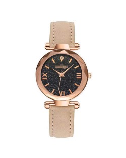 Classic Starry Night Index Slim Style Women Leather Wrist Watch - Beige