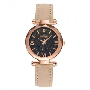 Classic Starry Night Index Slim Style Women Leather Wrist Watch - Beige