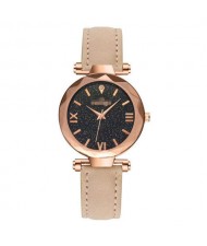 Classic Starry Night Index Slim Style Women Leather Wrist Watch - Beige