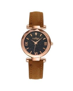 Classic Starry Night Index Slim Style Women Leather Wrist Watch - Brown