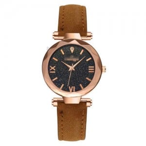 Classic Starry Night Index Slim Style Women Leather Wrist Watch - Brown