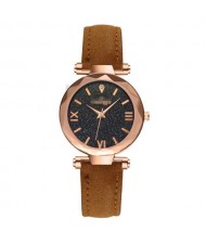 Classic Starry Night Index Slim Style Women Leather Wrist Watch - Brown