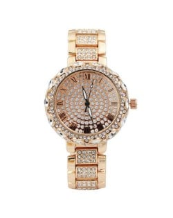 Rhinestone Inlaid Roman Scale Index Elegant Women Stainless Steel Wrist Watch - Rose Gold