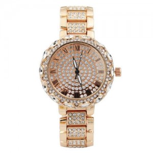 Rhinestone Inlaid Roman Scale Index Elegant Women Stainless Steel Wrist Watch - Rose Gold