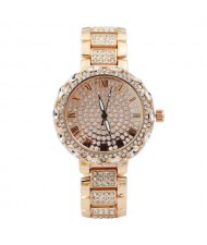Rhinestone Inlaid Roman Scale Index Elegant Women Stainless Steel Wrist Watch - Rose Gold