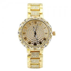 Rhinestone Inlaid Roman Scale Index Elegant Women Stainless Steel Wrist Watch - Golden