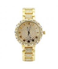 Rhinestone Inlaid Roman Scale Index Elegant Women Stainless Steel Wrist Watch - Golden