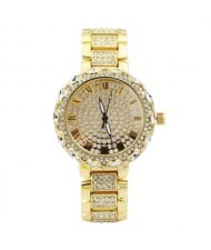 Rhinestone Inlaid Roman Scale Index Elegant Women Stainless Steel Wrist Watch - Golden